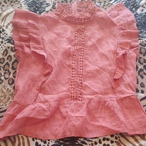 Coral Ruffled Blouse with Lace Accents
